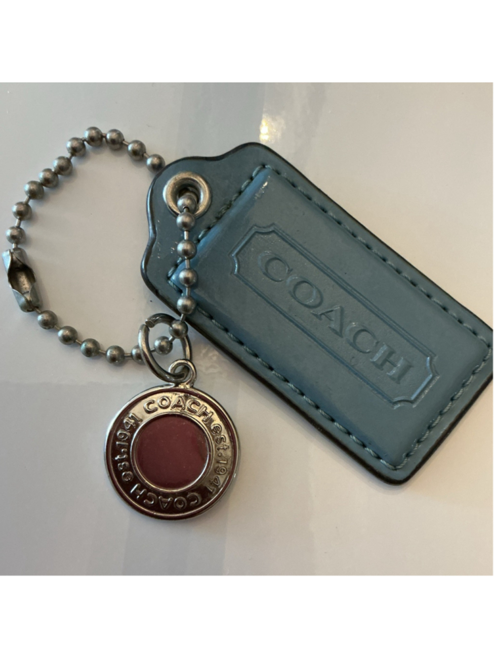 Coach Blue Leather Key Bag Tag With Silver Medallion